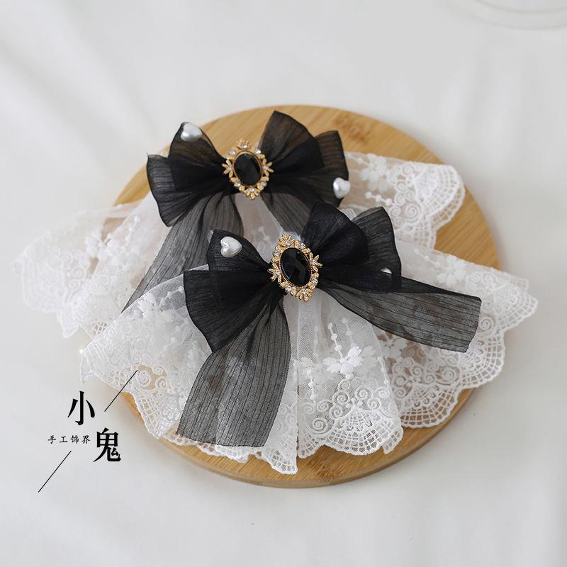 Multicolor sweet lace Lolita headdress with dark red tulle bow, hand sleeves, and bracelet from LolitaFetch.