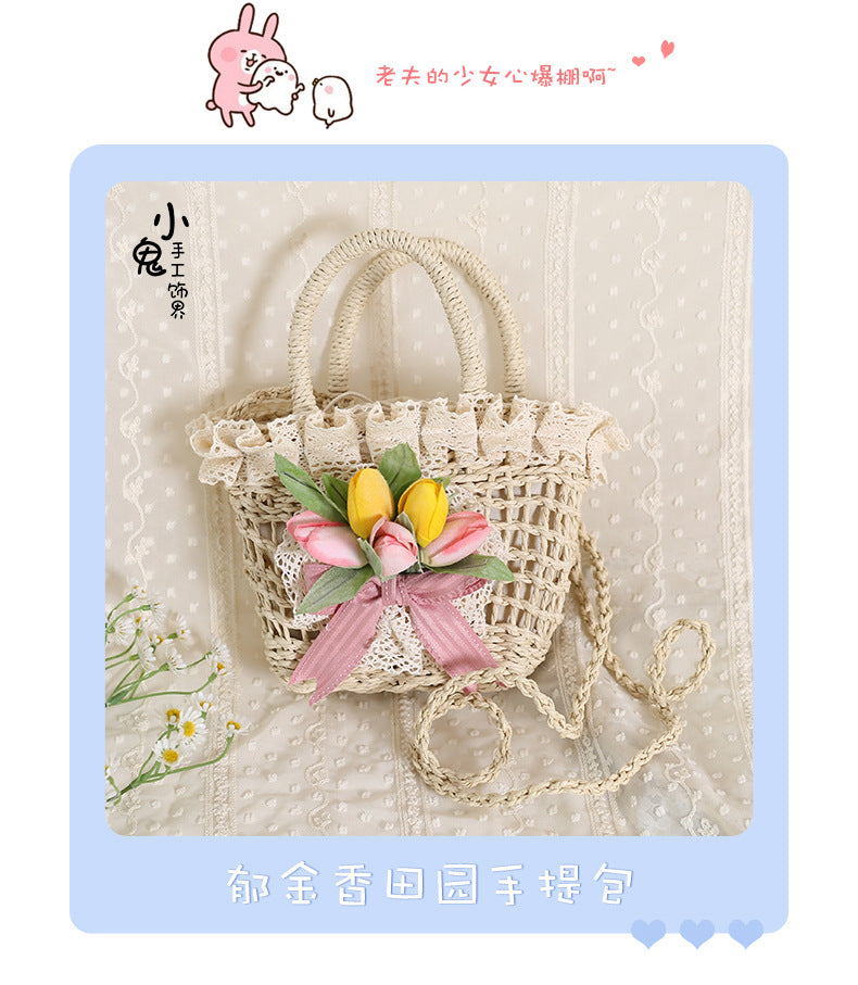 Original Lolita Tulip Lace Pastoral Handbag Bowknot Han-Yang Eclectic Straw Bag Elegant Lolita