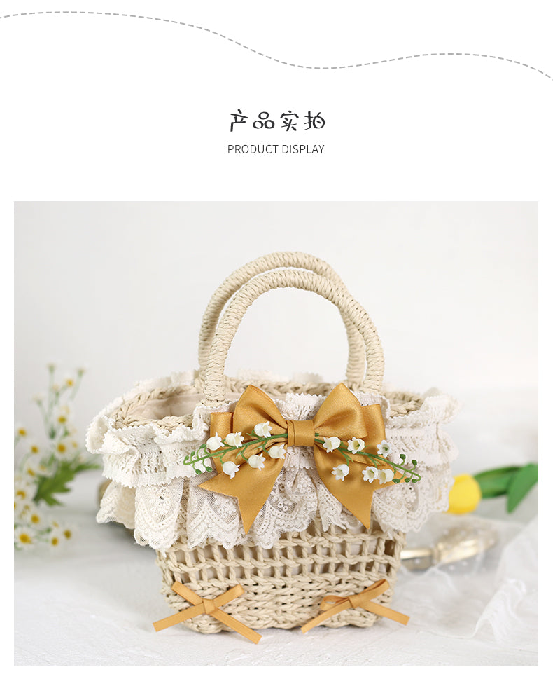Original Lolita Mori Style Lily of the Valley Lace Beach Pastoral Straw Bag Rattan Bag Handheld Woven Bag Crossbody Bag