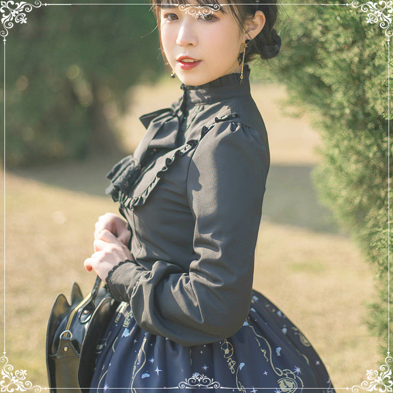 Eieyomi - Elegant Autumn Winter - Velvet Blouse with Stand Ruffle Collar and Chest Bow - product detail 9