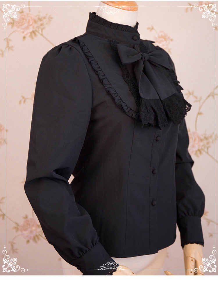 Eieyomi - Elegant Autumn Winter - Velvet Blouse with Stand Ruffle Collar and Chest Bow - product detail 2