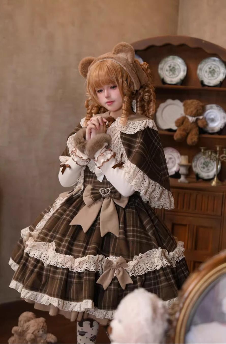 Qianmu - Choco Chestnut - Plaid Kawaii Lolita JSK Dress, Peter Pan Collar Cape
