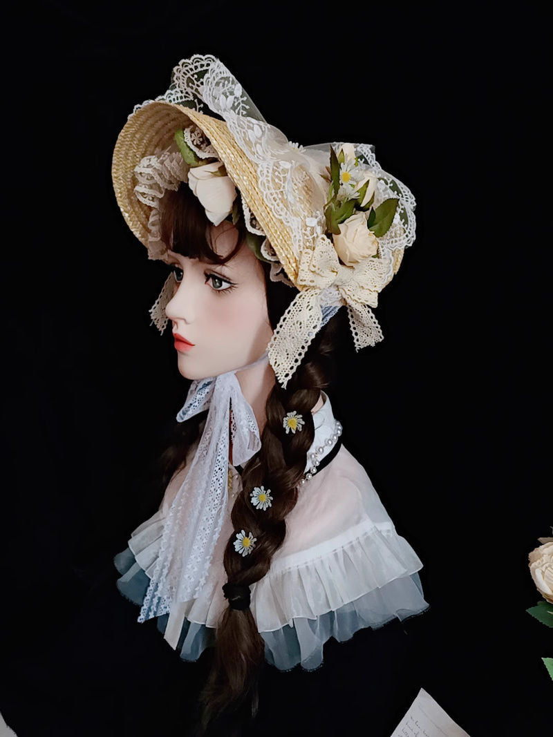 Elegant Lolita straw flat hat with wide brim, handmade French-style bonnet, perfect for tea parties and pastoral fashion.
