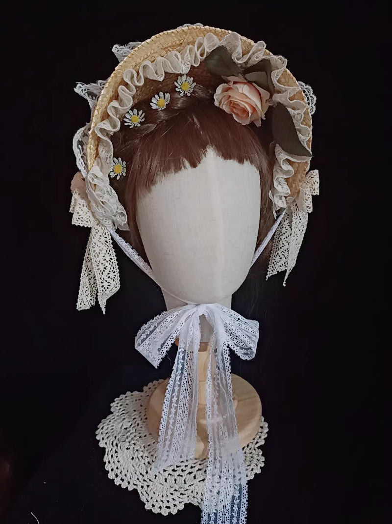 Handmade Lolita straw flat hat with elegant French style, perfect for tea parties and pastoral fashion looks.