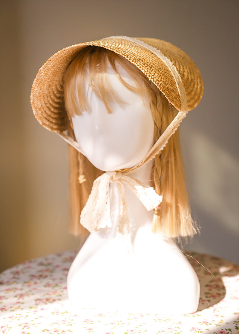 Vintage French Lolita straw flat hat with lace strap, handmade accessory perfect for vintage-inspired fashion and accessories.