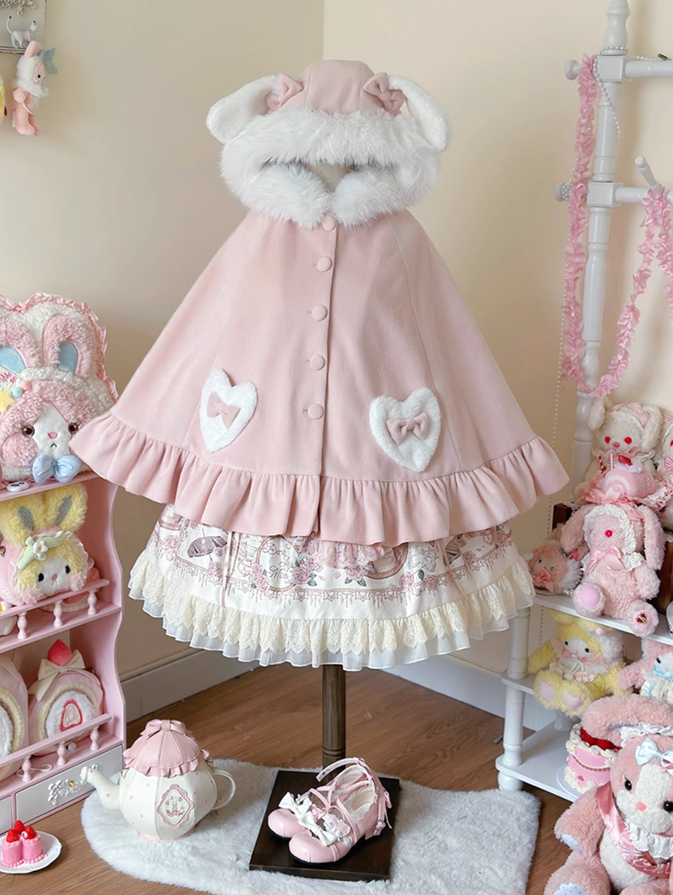 Winter Lolita Rabbit Ear Cape |   Fleece-Lined Thickened Woolen Cape (Blue/Pink, One Size)