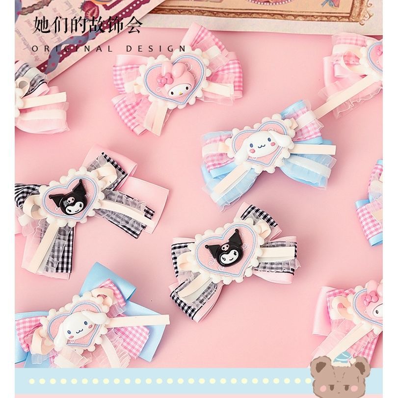 LOLITA Hair Accessories Sweet Bow Hair Clip Cinnamoroll Kuromi Pink Blue Soft Girl Lolita Hair Ornament