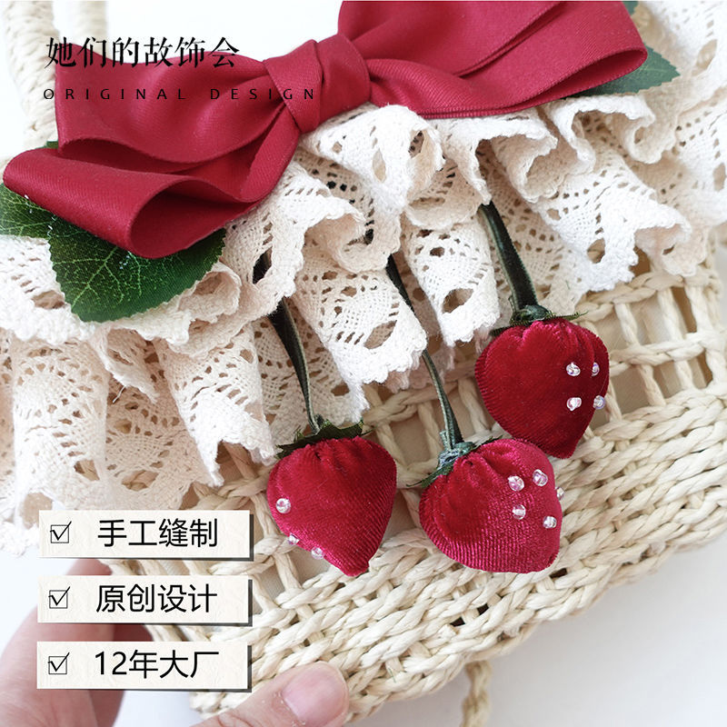 Lolita Bag for Women 2022 New Strawberry Flower on the Hill Handmade Small Item Lolita Spring Outing Straw Bag - Lolita Fetch