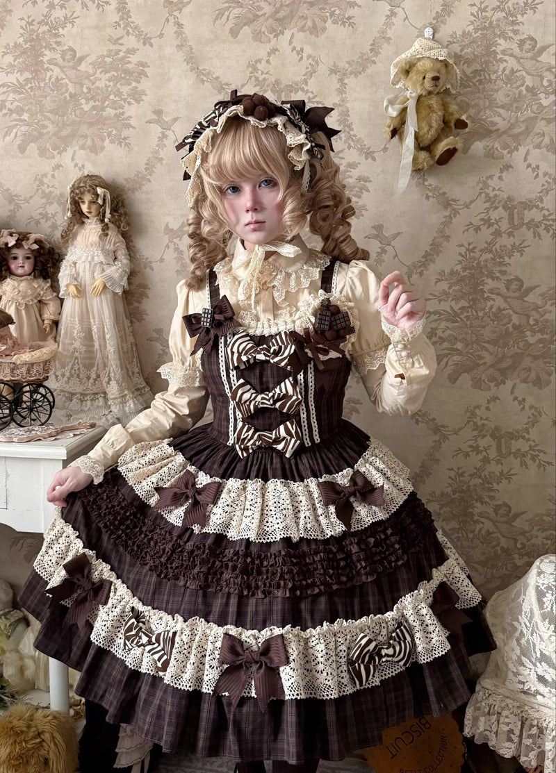 Eye Of White Crow - Chocolate Plaid - Kawaii Lolita JSK dress with layered ruffles - product detail 10