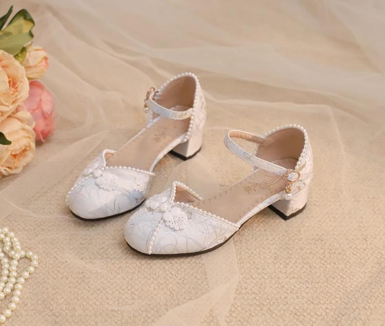 Yana - Heart Jade Yana - Pink, beige or blue Qi Lolita shoes with woven floral design and pearl ankle strap - product detail 11
