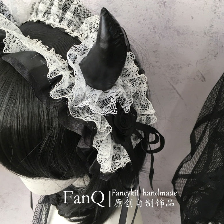 Subculture Custom Dark Lolita Demon Horn Gothic Headband Y2K Red and Black Lace Hairband - Lolita Fetch