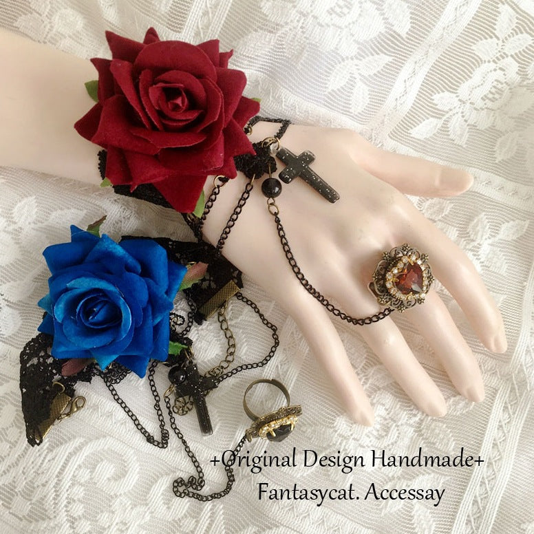 Lolita Punk Gothic Wrist Guard - Vintage Rose Lace Ring Gloves | Christmas Wrist Accessories