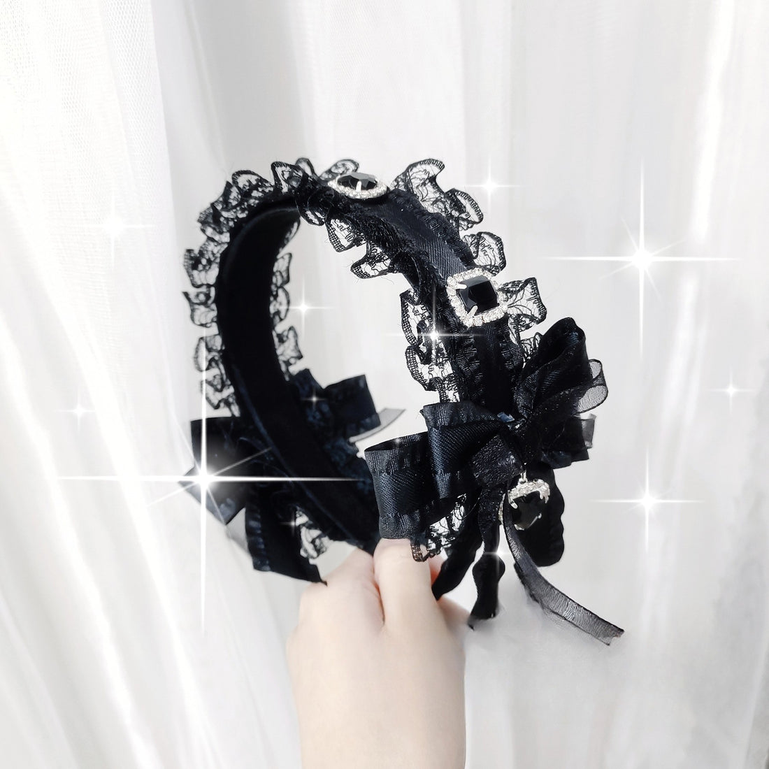 Original Handmade Lace Heart Rhinestone Bow Lace Headband Lolita Hair Accessory