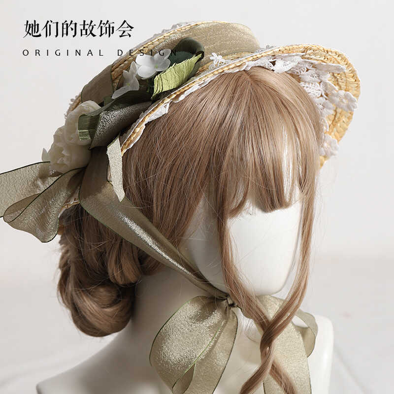 Lolita Flower Straw Hat for Women Summer Flat Hat Lolita Sun Protection Shade Han Yang Eclectic Mori Style Hat for Women
