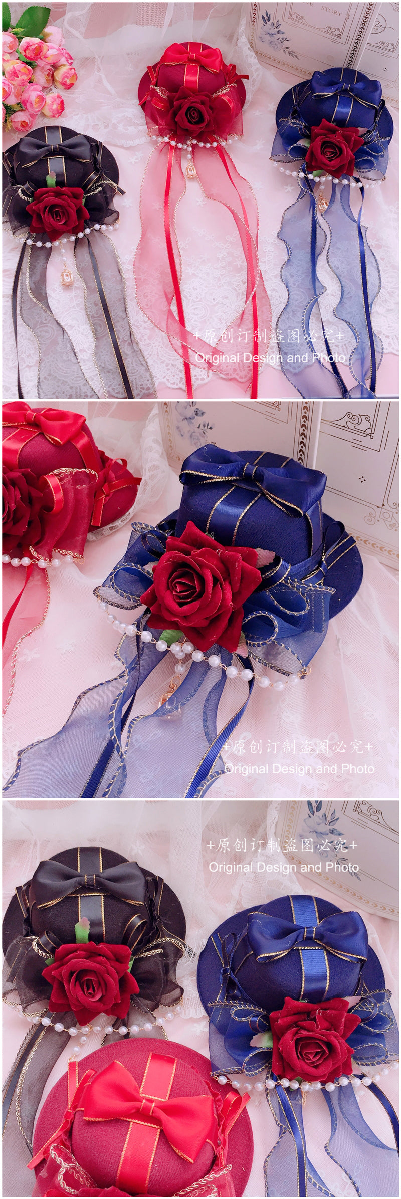 Small handmade Gothic Lolita hat with cyan and burgundy flower accents, versatile pill crown headwear by LolitaFetch.