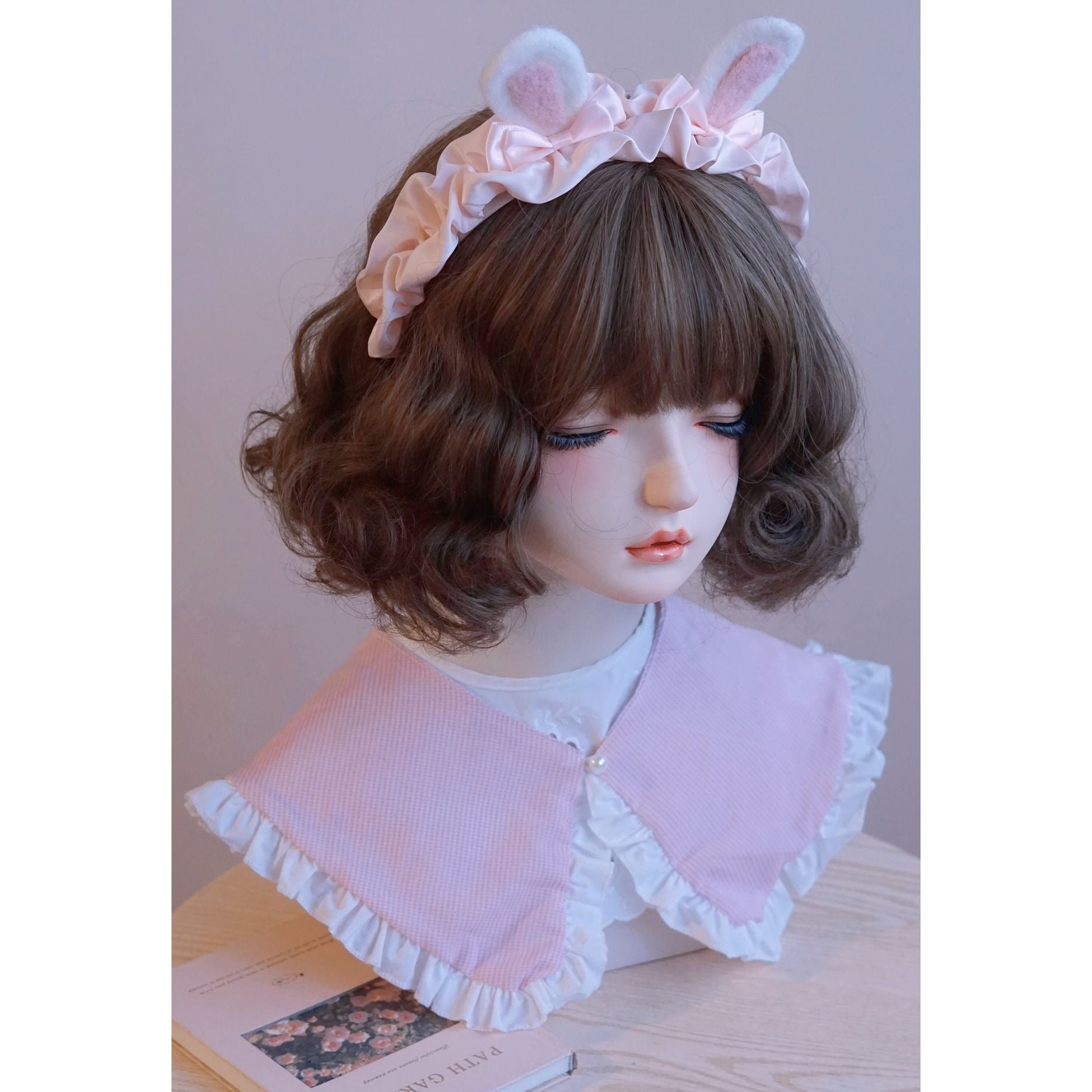 Original Handmade Rabbit Ear Ruffled Pink Headband Lolita KC Rabbit Ear Headband