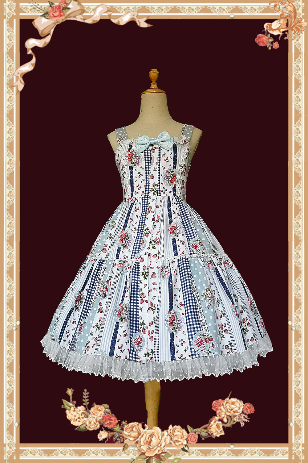 Strawberry Plaid - Sweet Lolita JSK Dress S light blue