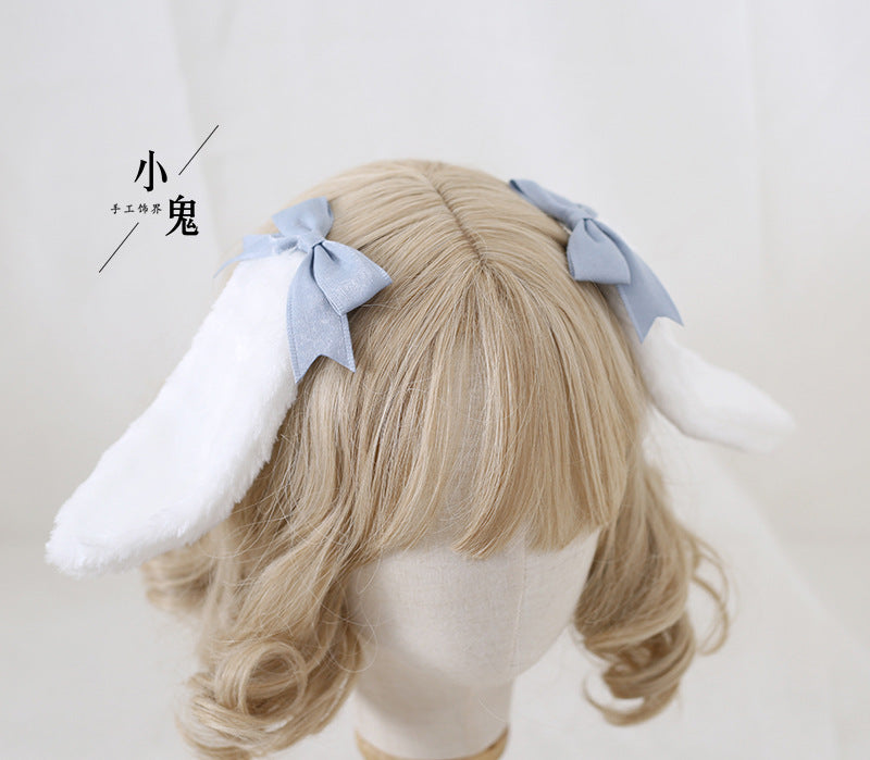 Handmade Sweet Ears Lolita bunny ear bowknot hair clip styled with an OP dress by LolitaFetch, featuring adorable bunny ear design.