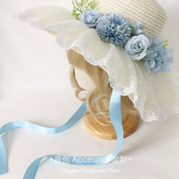 Original Handmade Lolita Sun Hat for Outings and Photos with Flower Bow Lace Wide Brim Sun Hat Straw Hat