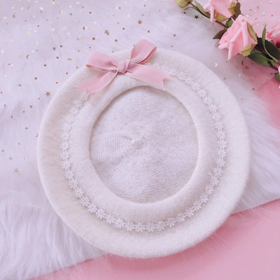 Lolita Pancake Beret - Sweet Cute Woolen Hat with Daisy Bow for Girls