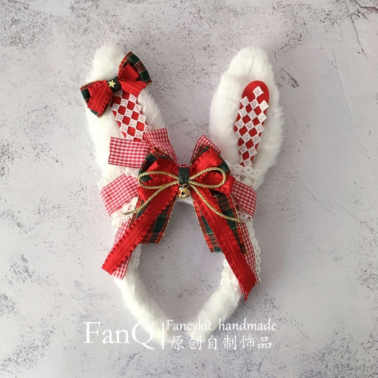 FanQ Handmade Christmas Bowknot Bunny Ear Headband KC - Small Snowball & Small Hat Lolita Hair Clip Accessory