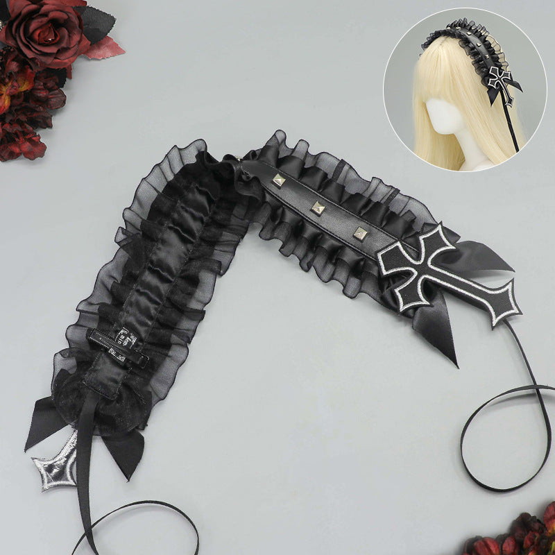 Dark Gothic Punk Rivet Headband Subculture Y2K Niche Hair Accessory Lace Rivet Cross Versatile Hair Ornament