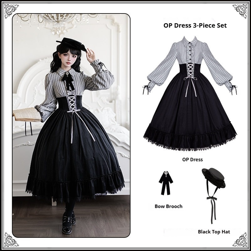 Dusk Moment - Classic Lolita Striped OP & Mermaid Dress Set, Fishbone Waist OP Dress 3-Piece Set (OP + bow brooch + black top hat) S