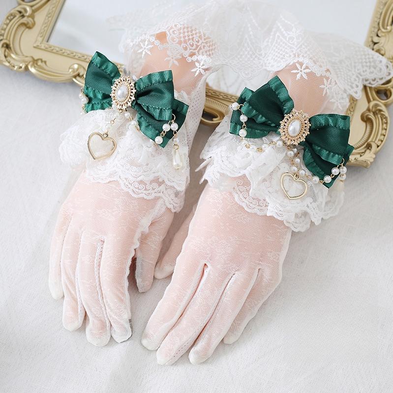 Xiaogui - Vintage Lolita Gloves Lace Bow Bead - Chain Sunscreen Gloves Hand Accessory