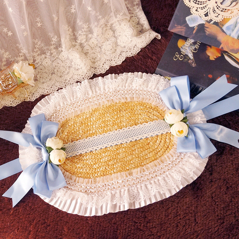 Fanmao Lolita French Flat Bonnet - Multi-color Pastoral Style Women's Summer Straw Hat