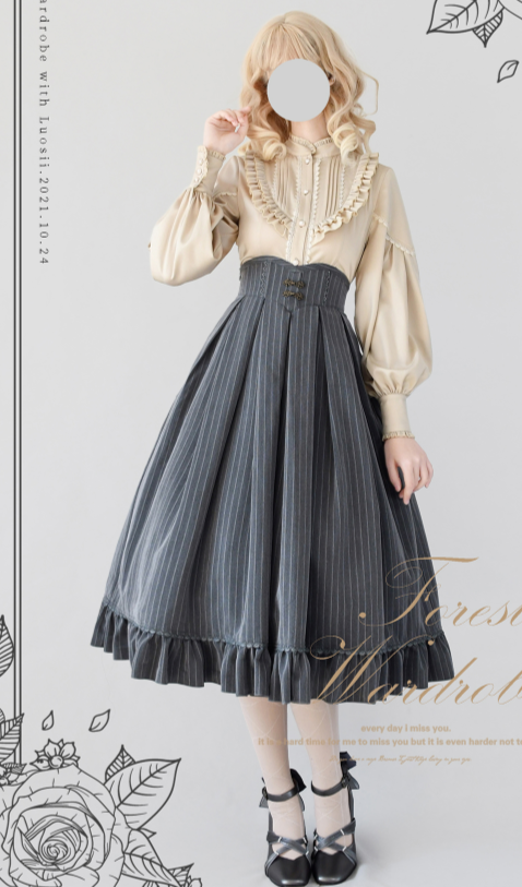 North of the Forest - Classic Lolita Striped Vest Skirt Set S Smoke Grey Long Skirt In stock