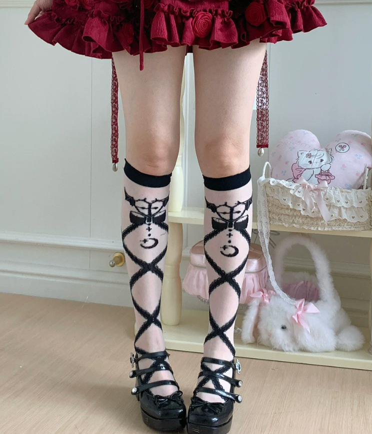 Roji Roji - Lolita Cross Printed Socks with - Layered Lace Trim Cuff Socks