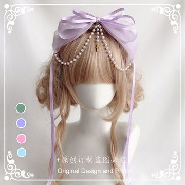 Original Handmade Lolita Double Layer Bow Ribbon Headband Lolita Pearl Cross Pendant Headband Hair Accessory