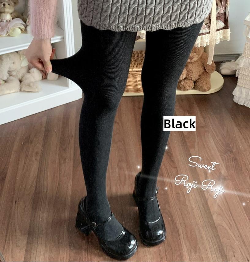 Kawaii Lolita Fleece-Lined Tights, Multiple Colors Black One Size