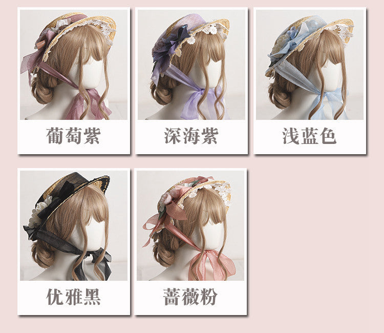 Lolita Flower Straw Hat for Women Summer Flat Hat Lolita Sun Protection Shade Han Yang Eclectic Mori Style Hat for Women