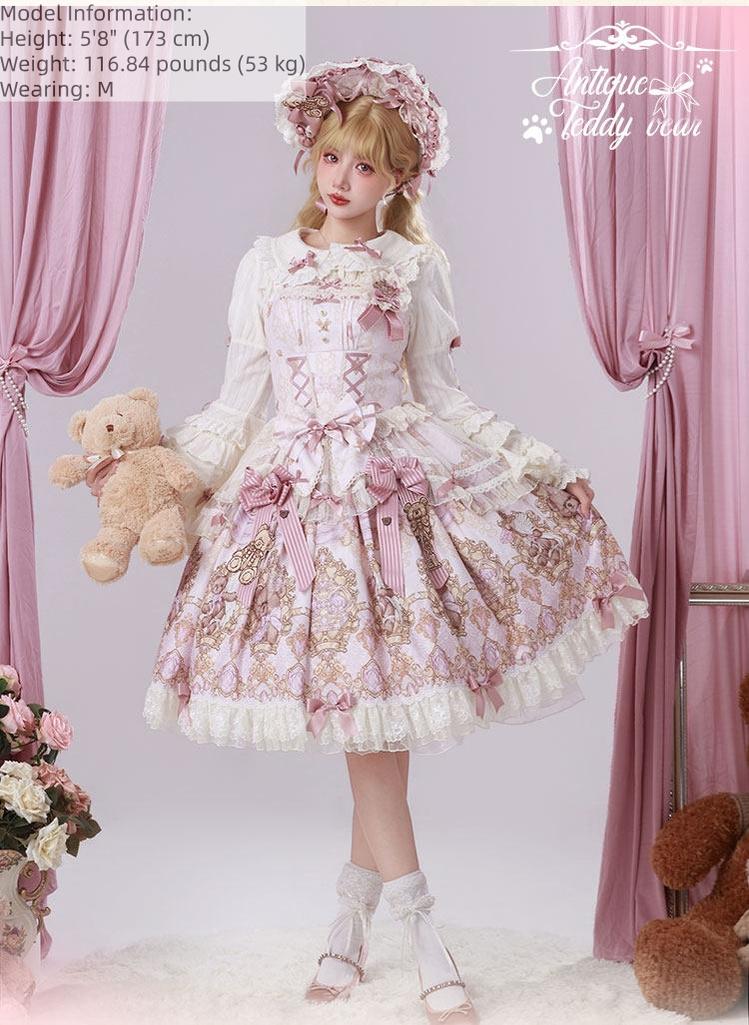 OCELOT - Antique Teddy Bear - Classic Lolita Printed JSK Dress with Ribbon Bows
