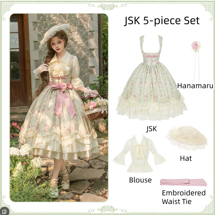 Wind Swept Roses - Classic Lolita Rose Printed Dress Set, Petal Hem Bust-supporting JSK 5-piece Set (JSK + Blouse + Waist Tie + Hat + Hanamaru Pin) S