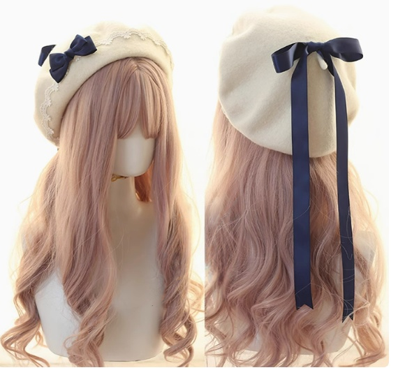 Xiaogui - Japanese Style Sweet Woolen Lolita Lace Beret navy blue bow(cream white hat)