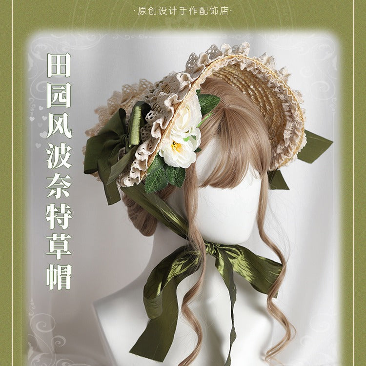 Multicolor Bonnet Straw Hat Flat Hat Lolita Original Handmade Pastoral Style Elegant French BNT Hat - Lolita Fetch