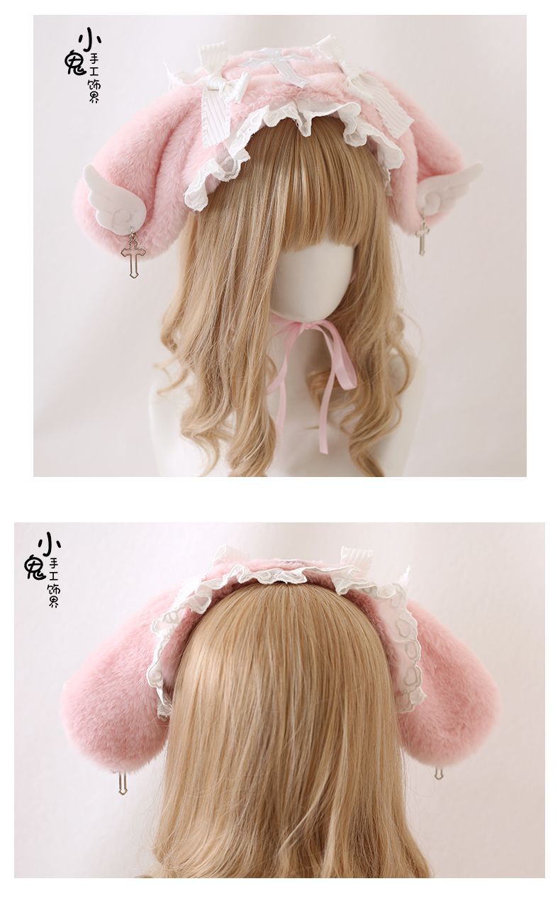 Lolita Bunny Ear Headband Subculture Cute Plush Angel Wings Lolita Hair Accessory Lolita Headwear