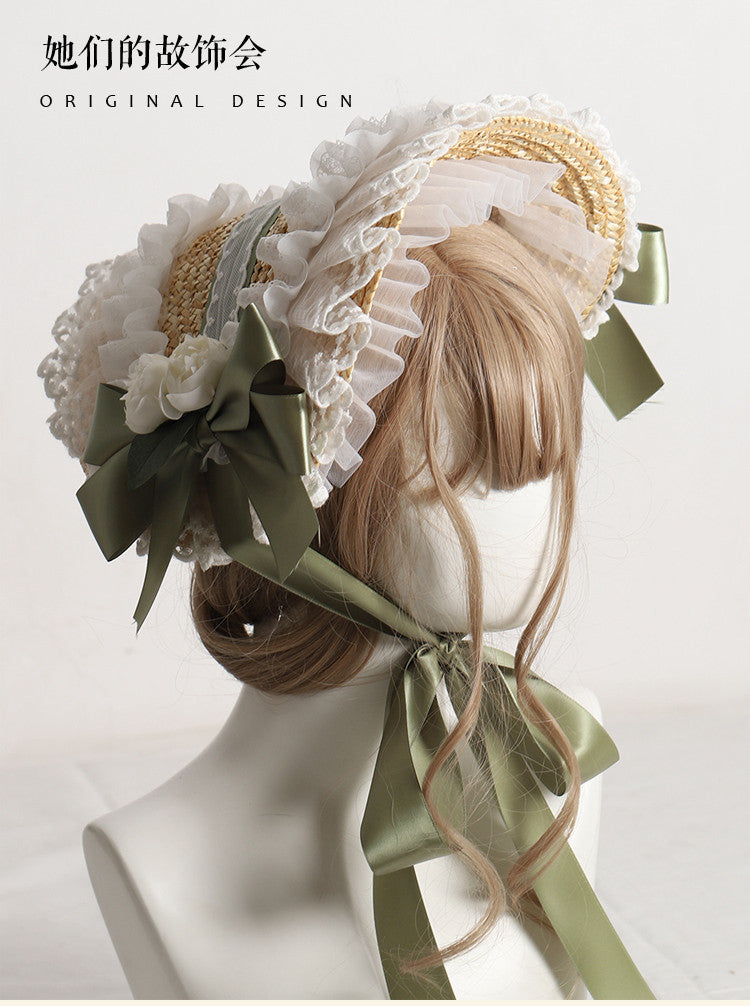 Lolita Hat Handmade Bonnet Multi-color Reminiscence BNT Original Design Pastoral Style Lolita Straw Hat for Women Summer