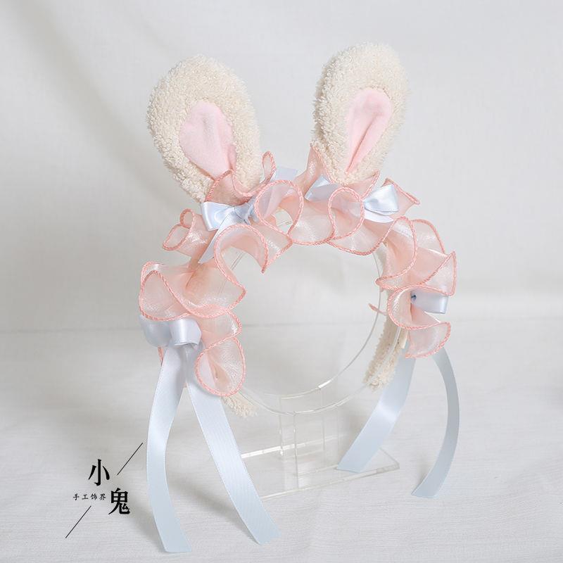 Lolita Handmade Ribbon Bunny KC Sweet Cute Bowknot Bunny Ear Headband Lolita Ruffled Hair Accessory Headwear