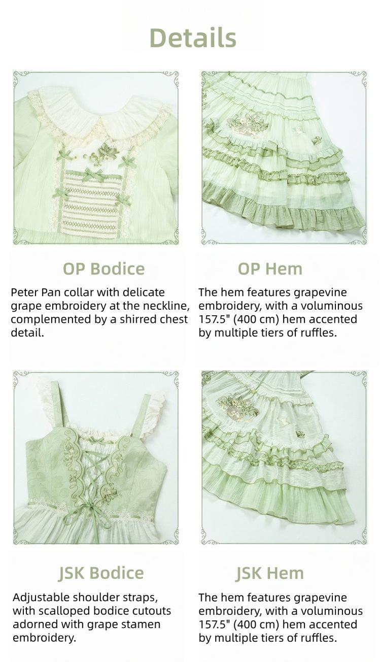 With PUJI - Green Grape - Embroidered Country Lolita OP Dress, Tiered JSK