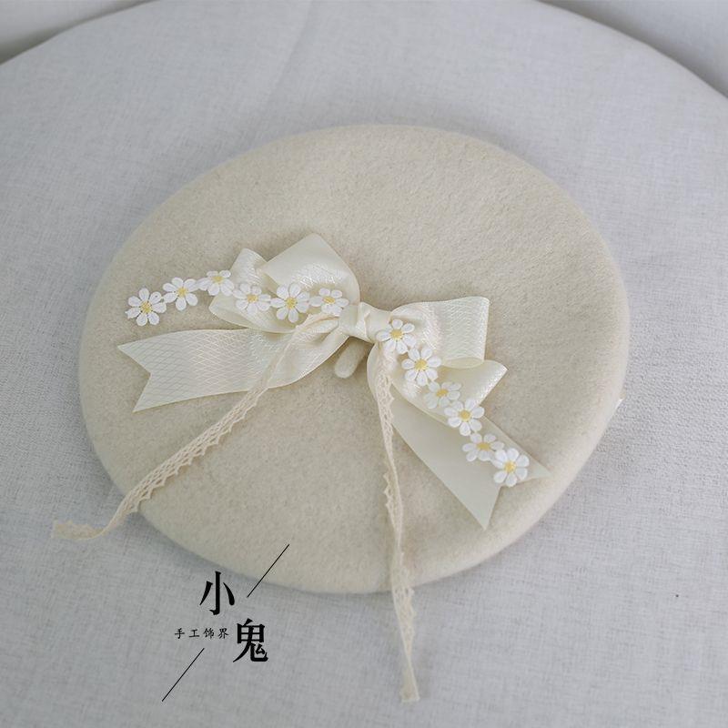 Handmade Original Mori Style Bowknot Beret Hat with Daisy Lace Soft Cute Lolita Handmade Beret Hat