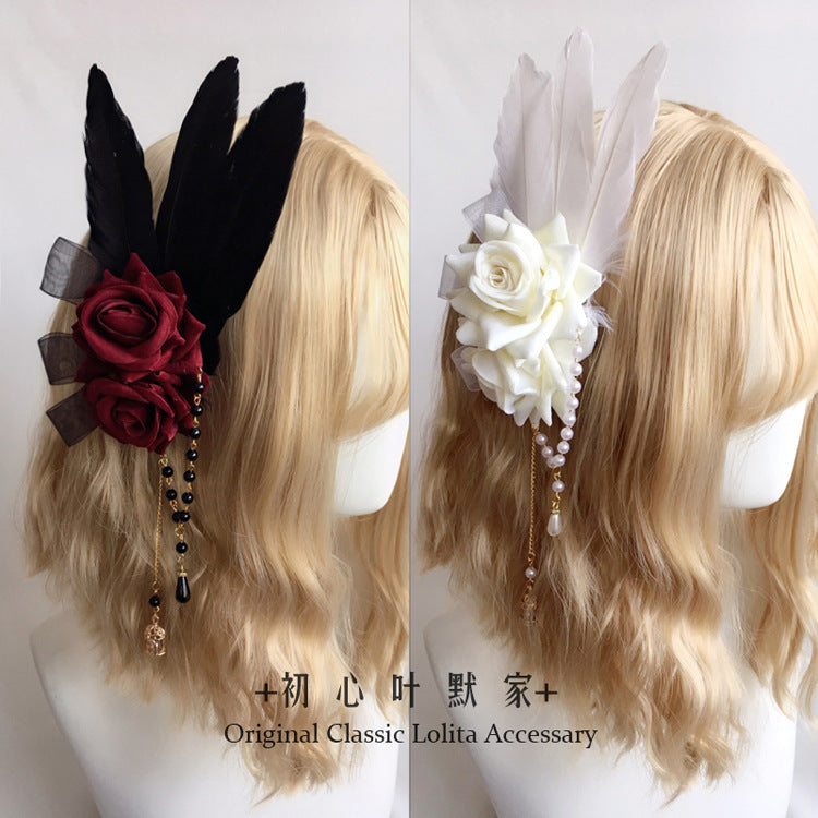 Lolita Gothic Bridal KC Hair Accessories Hair Clip Lace Rose Feather Black and White Two Colors - Lolita Fetch