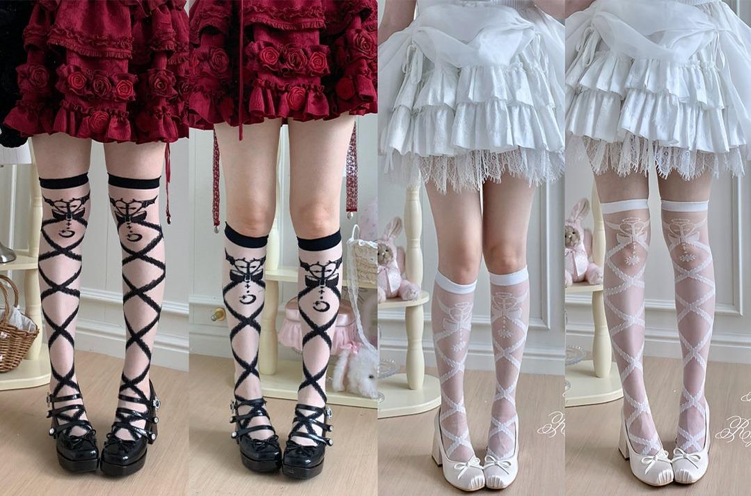 Roji Roji - Lolita Cross Printed Socks with - Layered Lace Trim Cuff Socks