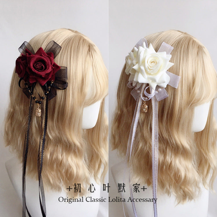 Lolita Gothic Wedding KC Hair Clip Lace Rose Bow Halloween Hair Accessory