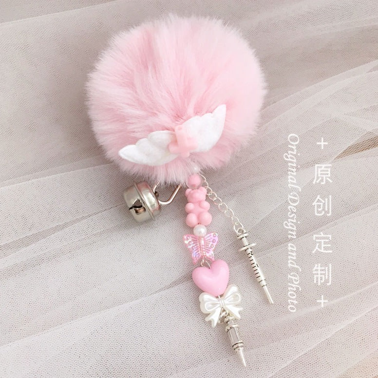 Y2K Subculture Lolita Hair Clip - Cute Pink Plush Ball Wing Pendant Hair Accessory