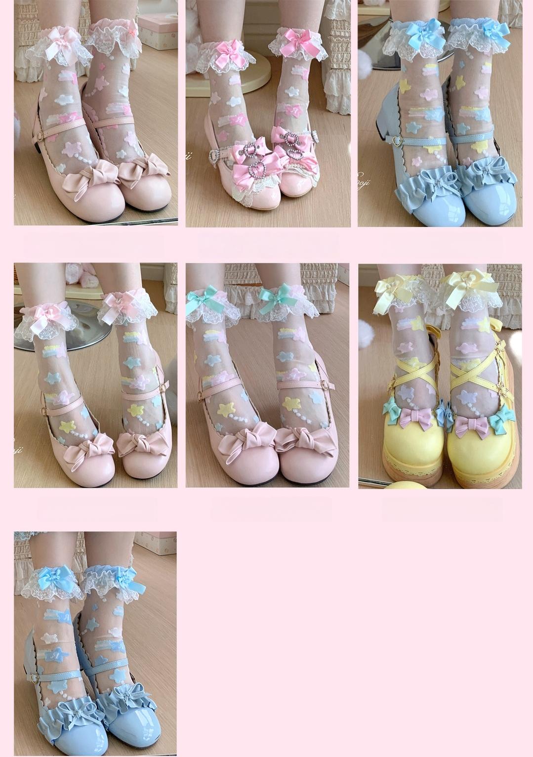 Roji Roji - Sweet Lolita Star Embroidered Socks - with Colorful Satin Bow Socks