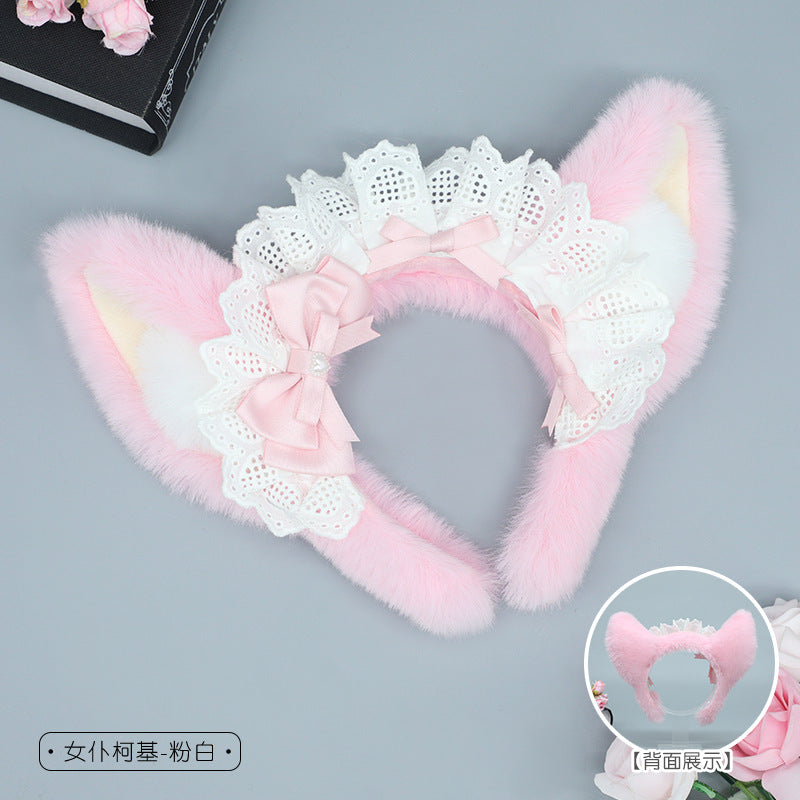 Plush Lolita Headband Lace Bow Hair Accessory Realistic Animal Ears Maid Corgi Hair Ornament Japanese KC Headband - Lolita Fetch