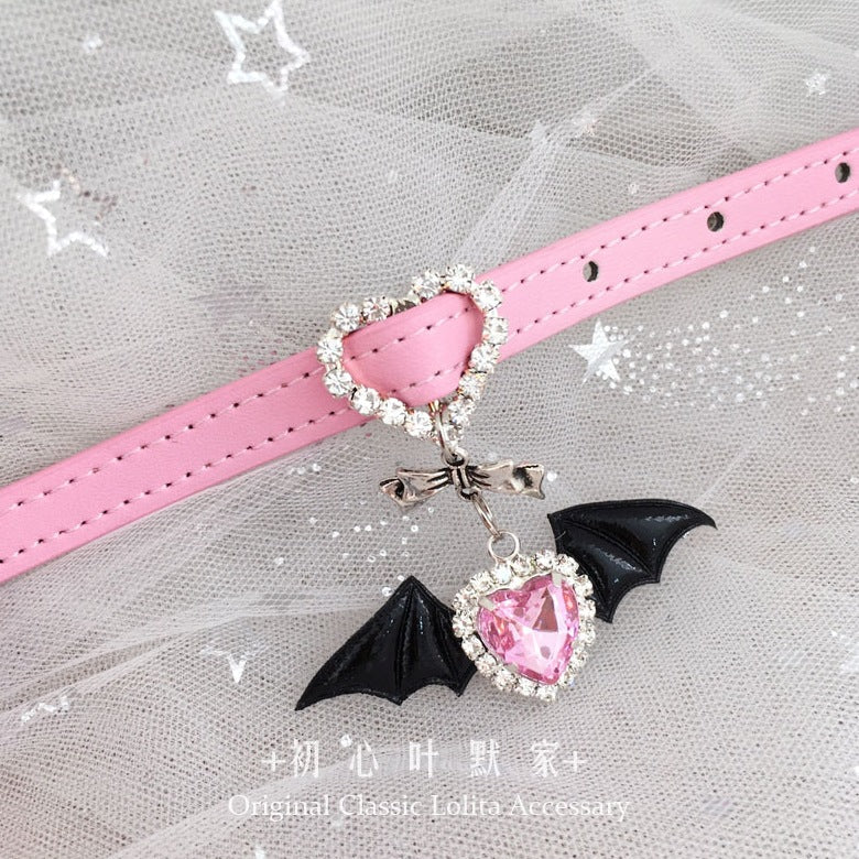 Lolita Subculture Leather Choker Collar & Bracelet - Angel Little Devil Heart with Rhinestone Bowknot